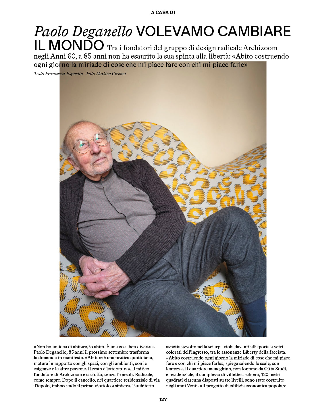 Paolo Deganello sitting on the Superonda Spots sofa, designed in 1967 with Archizoom Associati and produced in a limited edition by Poltronova.