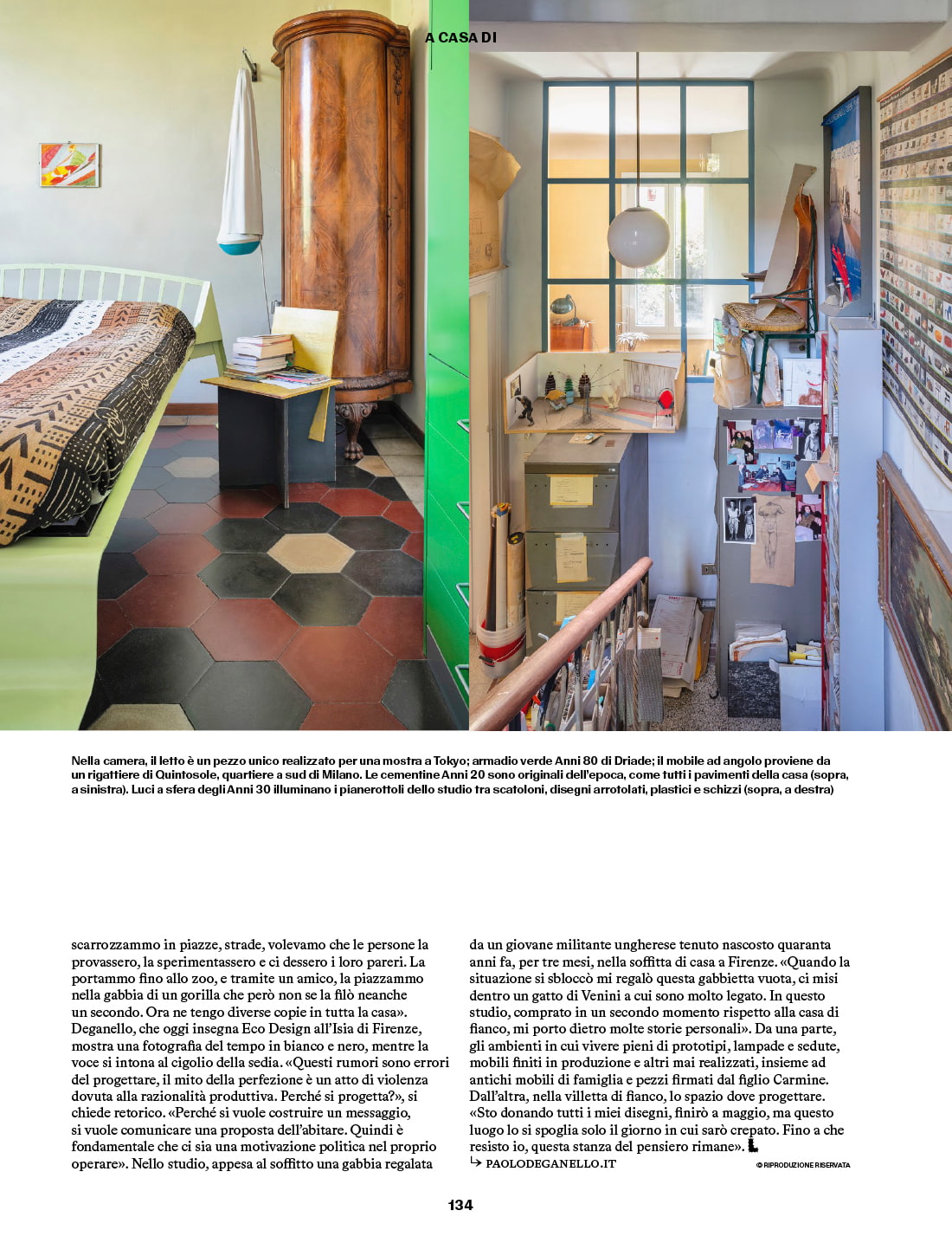 A bedroom with a unique bed made for an exhibition in Tokyo, a green 1980s Driade wardrobe and original 1920s cement tiles. A view inside Paolo Deganello’s home showing a staircase, design objects, drawings, photographs, models and a large display of design references on the wall.